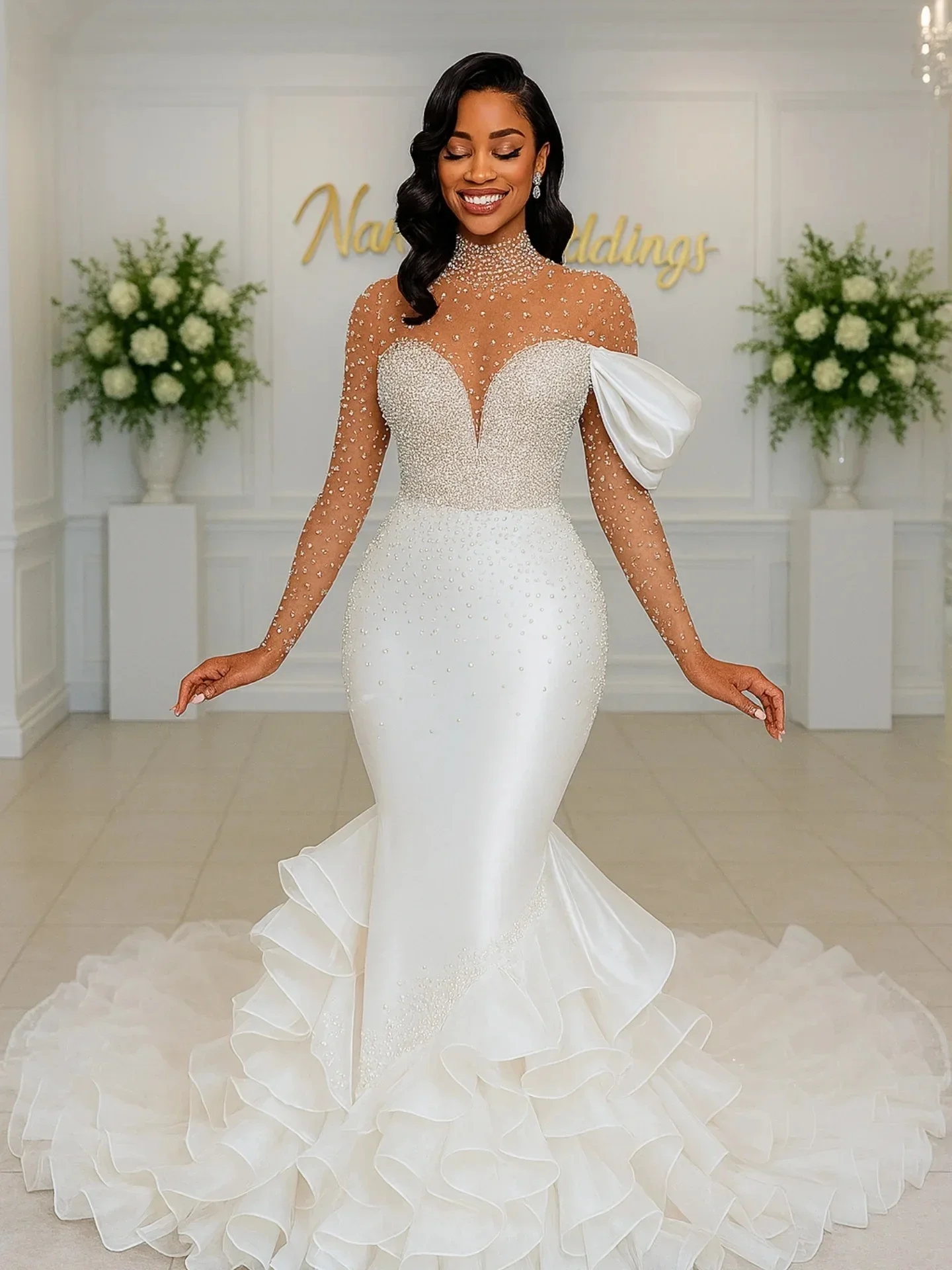 African Women's Mermaid Wedding Dress High Collar Off Shoulder Long Sleeve Bridal Dress Pearl Decorative Lotus Leaf Dress Custom