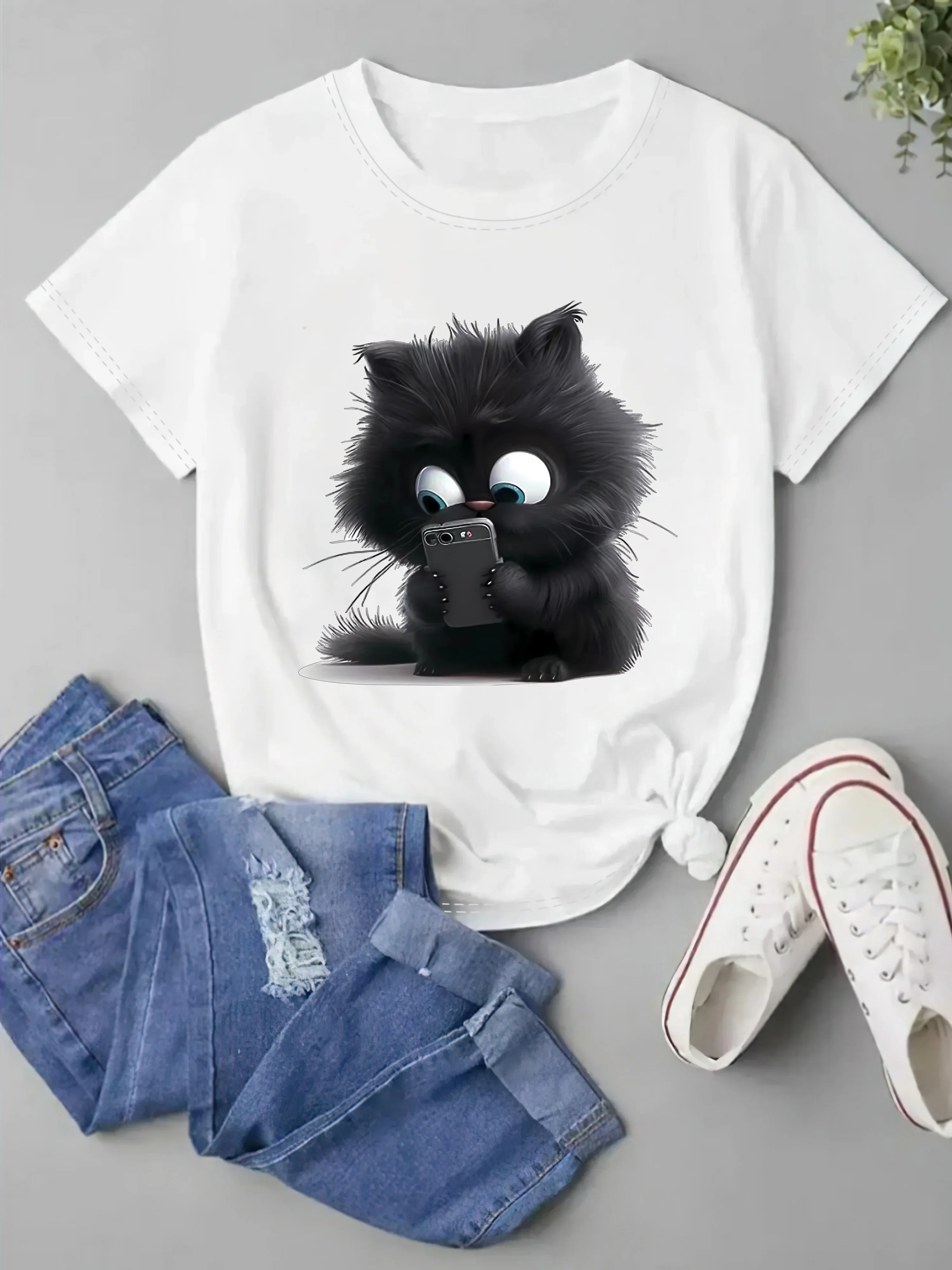 Whimsical Cartoon Cat Print T-Shirt Crew Neck Short Sleeve Casual Tee for Cat Lovers Fashion Knit Fabric Top  All Seasons