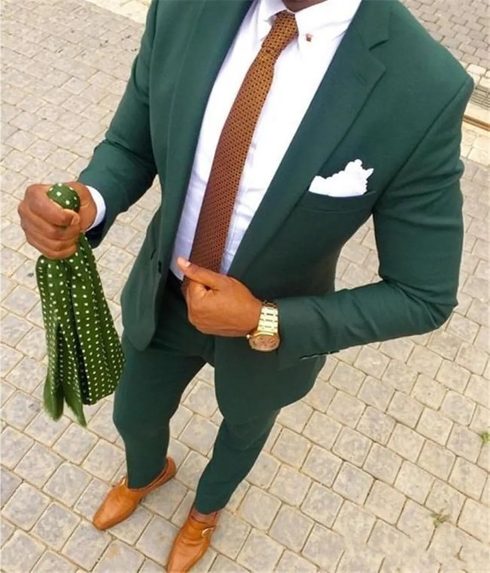 New Popular One Button Dark Green Men Suits Fashion Groom Wedding Tuxedos Elegant Notch Lapel Male Suit 2 Piece (Blazer+Pants)