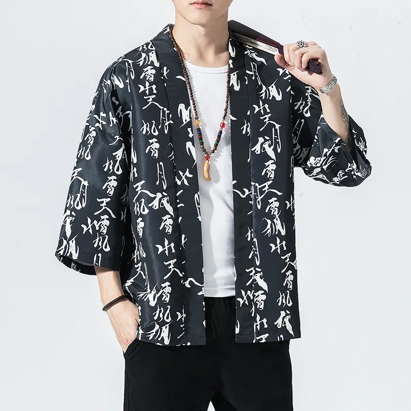 Lightweight Loose Men's Hanfu Jacket Summer 2026 Chinese Style Crane Kimono Seven-Quarter Sleeve Open Cardigan Polyester Fiber