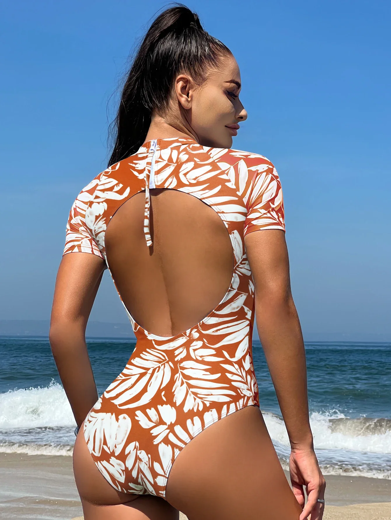 Peachtan Korte Mouw Eendelig Badpak Met Bladprint Koreaanse Badkleding In Bruine Badkleding Sportbadpak Eendelig Strandkleding