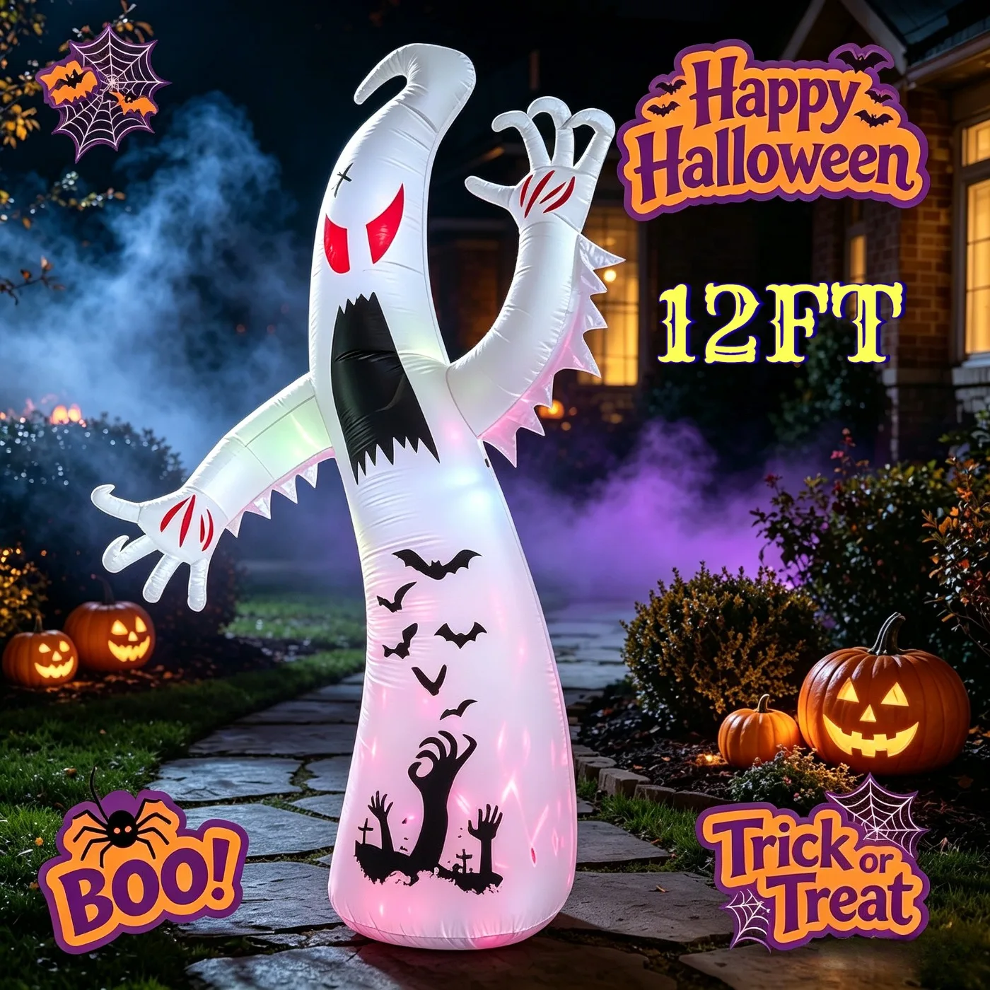 12FT Halloween Inflatables Outdoor Decorations, Multi Color LED Glowing Ghost Blow Up with Scary Red Eyes Welcome Entrance Decor