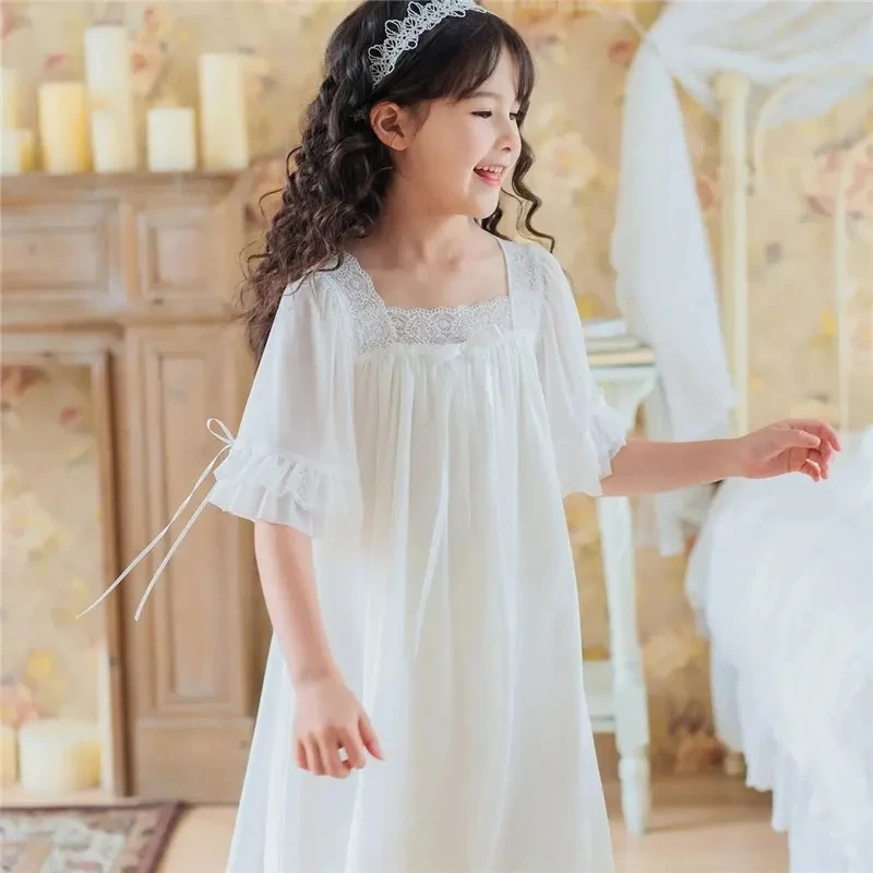 Summer Thin Girls Nightdress Middle and Large Children Nightgown Princess Style Lace nightdress Knee-length Baby Nightdress