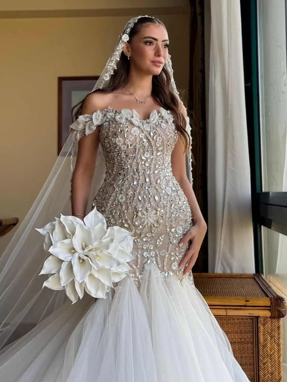 New Mermaid Wedding Dress Off Shoulder 3D-Lace Bridal Gowns Shine Sequins Appliques Tulle Vestina De Novia Plus Size Customized