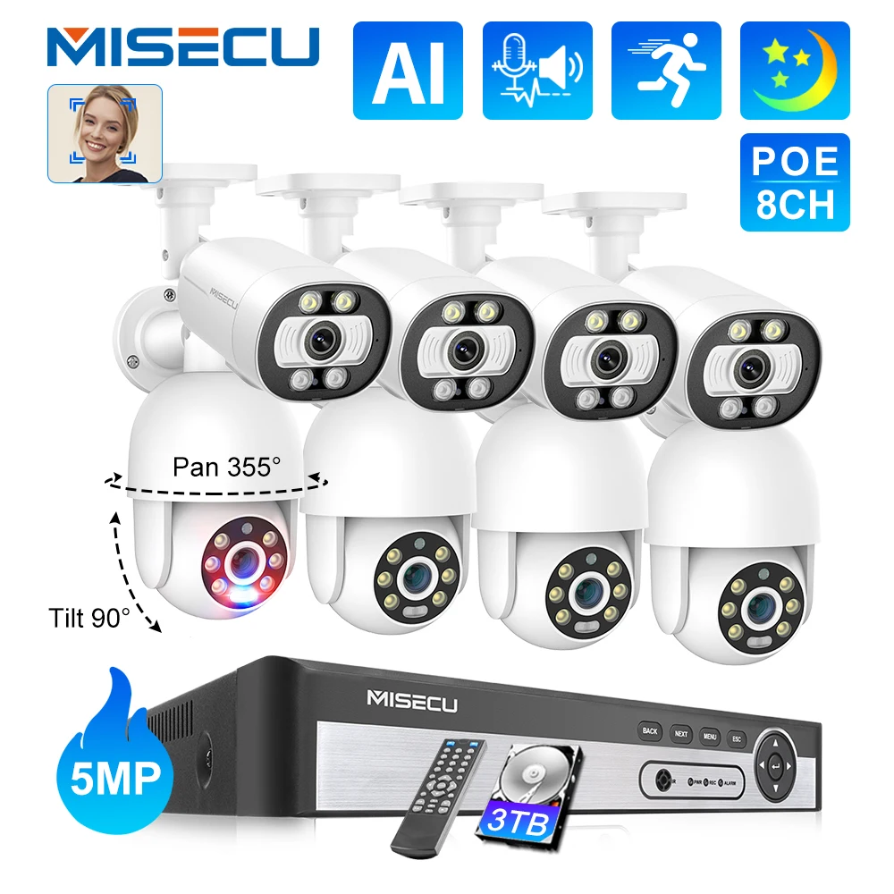 MISECU Security Camera System 8CH 5MP POE NVR Two Way Audio AI Human Detection Color Night Vision Surveillance Kit CCTV Set