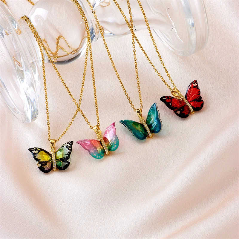 Titanium Steel Necklace Popular for Women Drop Glue Color Butterfly Shape Pendant Collarbone chain accessories Fashion Jewelry