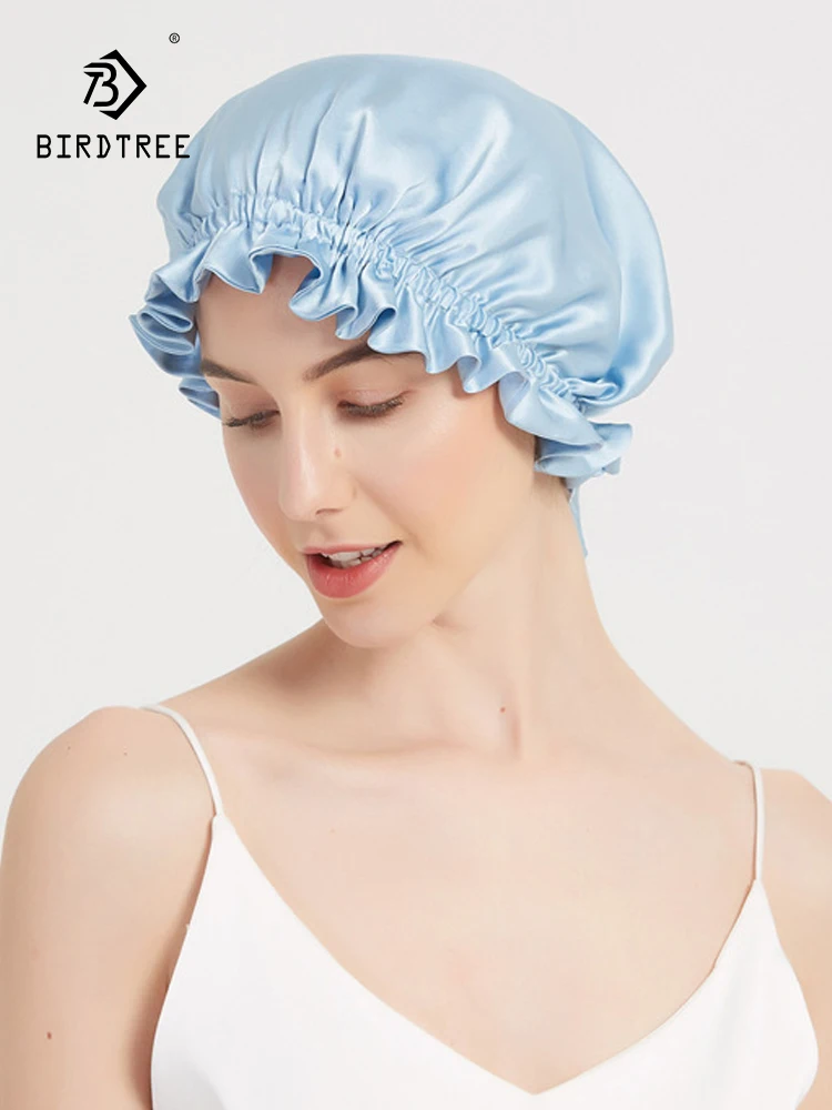 

Birdtree 100% Mulberry Silk Bonnet Women Double Layer Sleeping Night Cap Pure Hair Wrap Elastic Headwrap 2024 Summer A43753JC