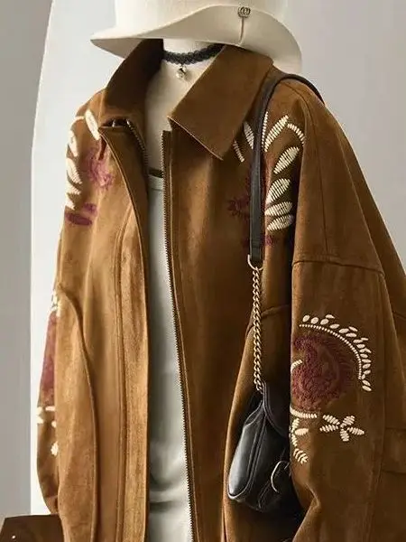 Retro Suede Short Cardigan Women's Loose Stitched Jacket Autumn Winter New Style Lazy Fashion Hong Kong Flavor Outerwear