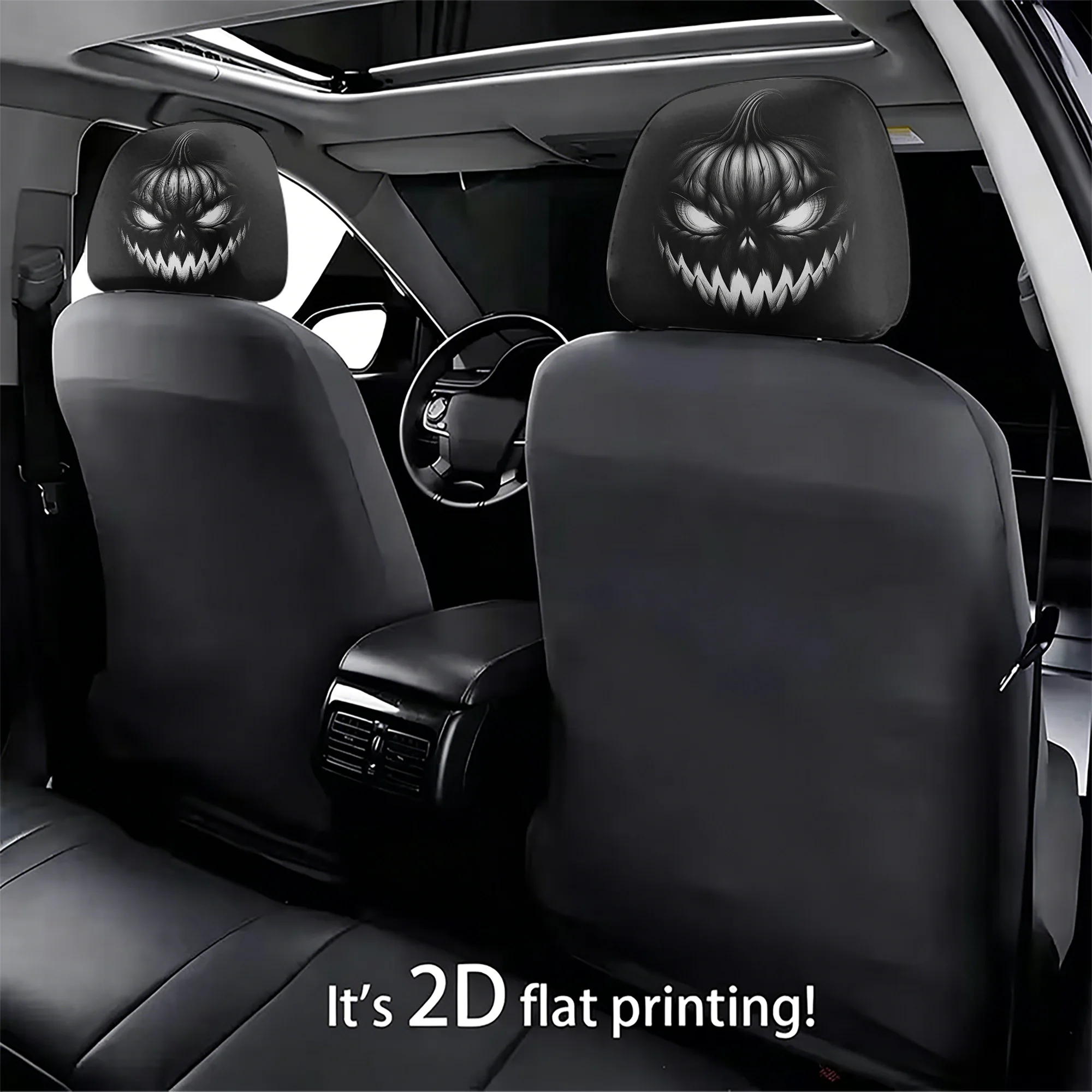 2pcs car headrest covers featuring spooky pumpkins, adding  touch to your car’s interior. Filling not included. Easy to install.