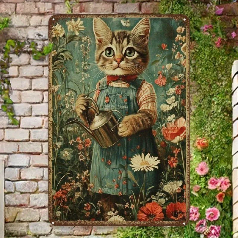 Vintage Garden Cat Metal Sign Iron 8x12 Inch Rustic Wall Decor for Home Cafe Garage Porch