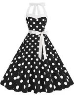 Women Summer Party Dress With Belt Polka Dot Print Halter Hepburn Robe 50s 60s Vintage Dresses - Image 3