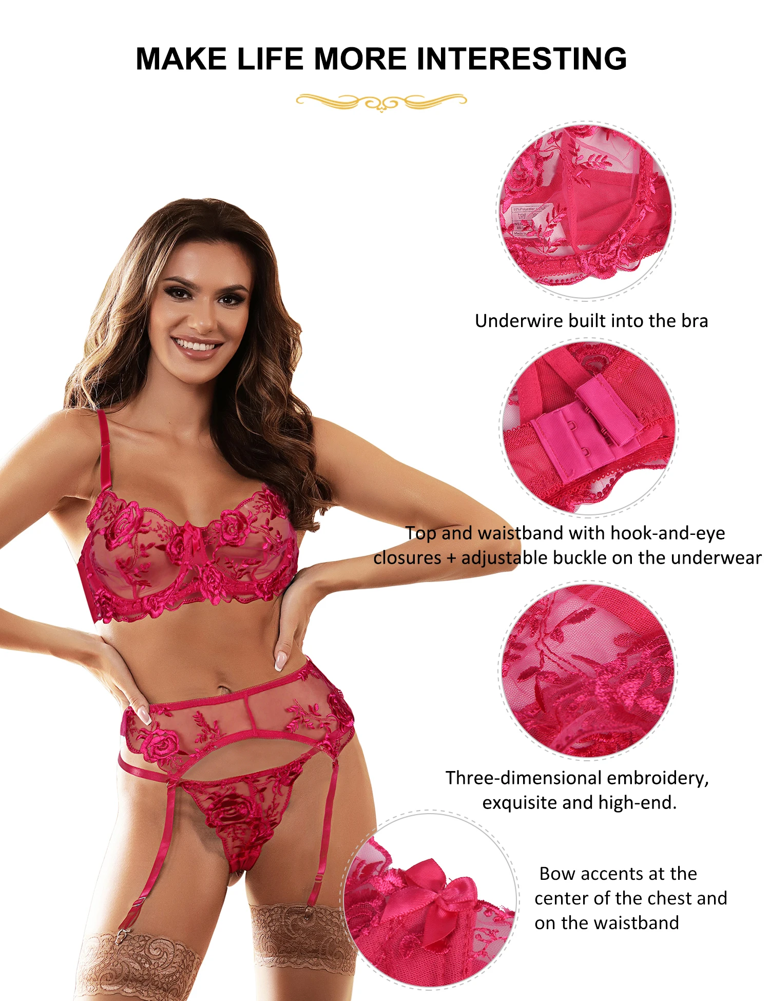 Ohyeahlady Women\'s Bra and Garter Panties Sets Fuchsia Floral Embroidery Lace Mesh Transparent Plus Size Underwear Lingerie Sets