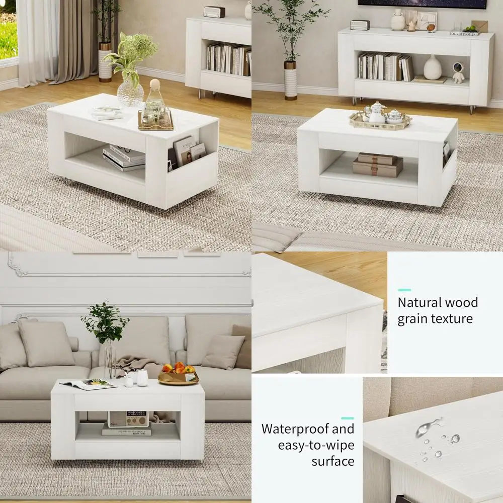 

Modern 2-Tier White Coffee Table with Transparent Legs for Living Room and Office Storage