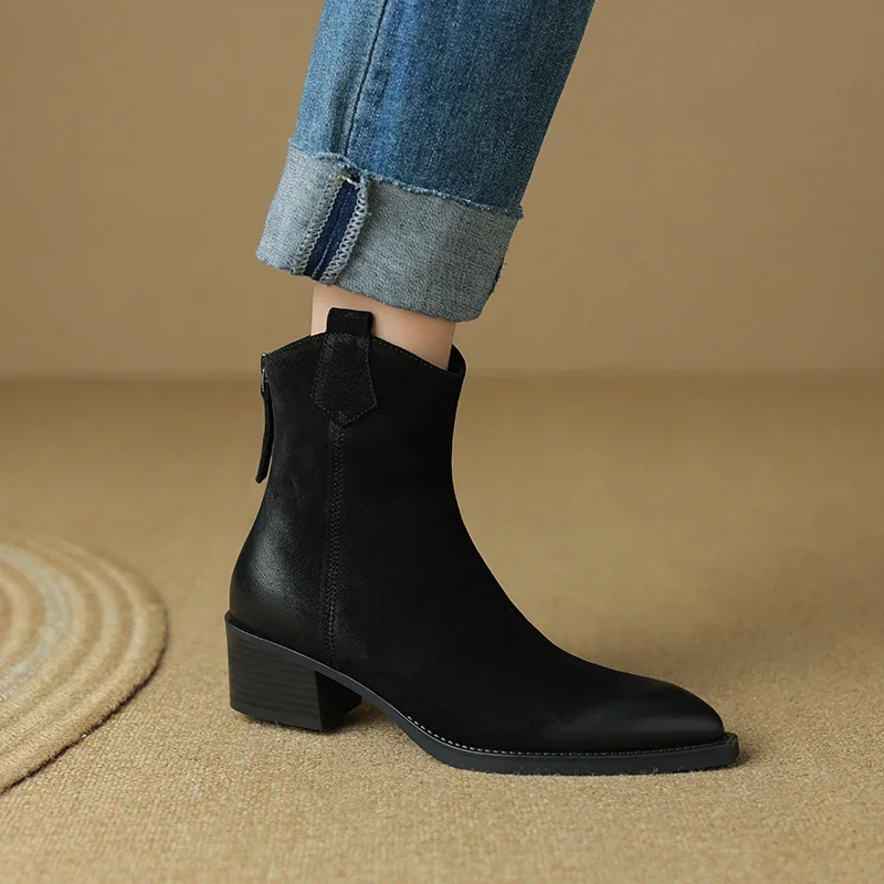 Fashion Short Boots Autumn Winter Basic Women Ankle Boots Genuine Leather Thick Heels Pointed Toe Mature New Arrival Boots Women