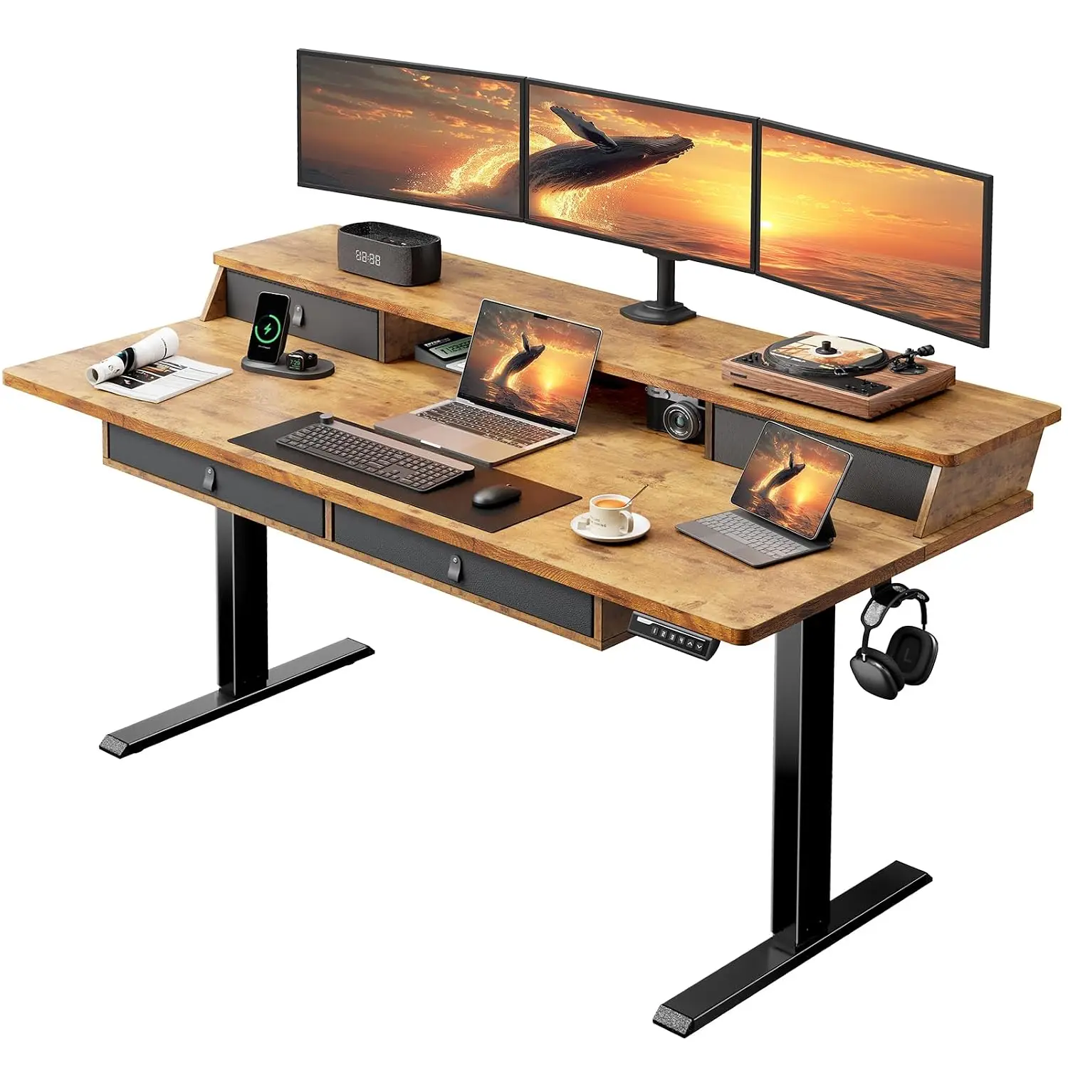 Electric Standing Desk 63x30 Inch with 4 Drawers & Storage, Height Adjustable Home Office Table with Cable Management & C-Clamp