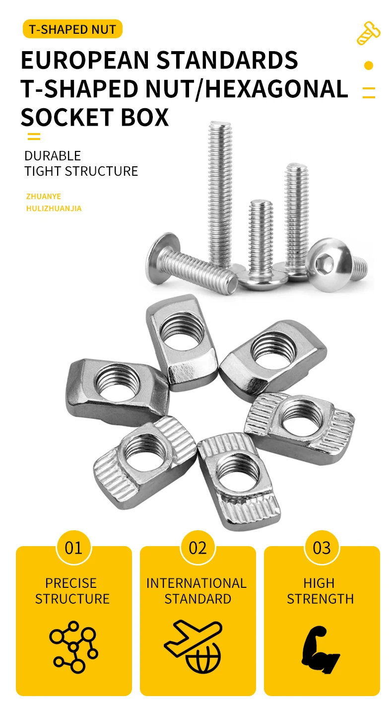 2020 3030 Slot T-Mutter M3 M4 M5 M6 T Schienenmutter und Sechskantschrauben-Set Hammerkopf T-Gleitmutter-Schraubensatz für Aluminium-Profil-Anschluss – Detail 1