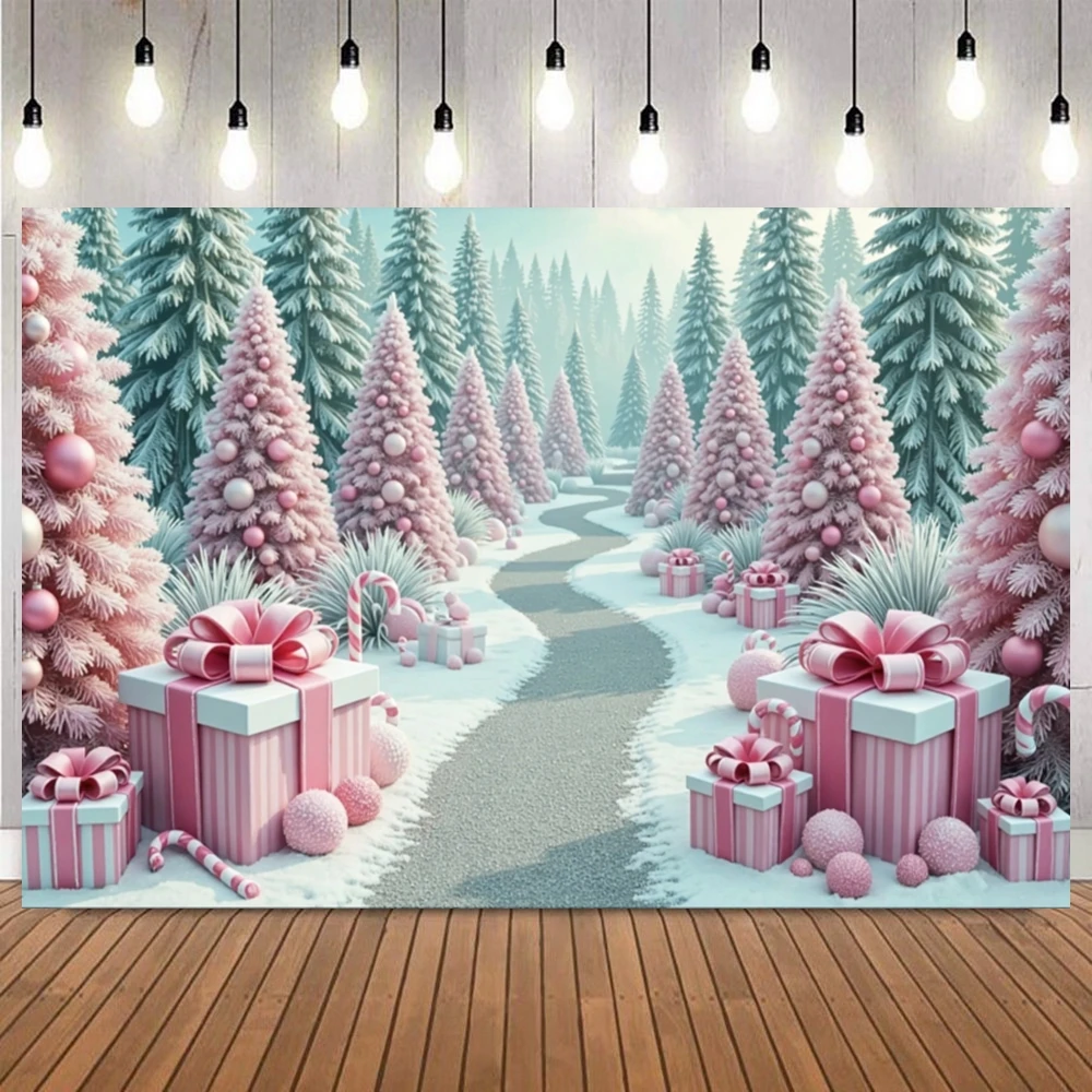 Winter Christmas Pink Style Theme Photography Background Candy Town Snow Scene Xmas Tree Gifts Party Event Decor Photo Backdrop
