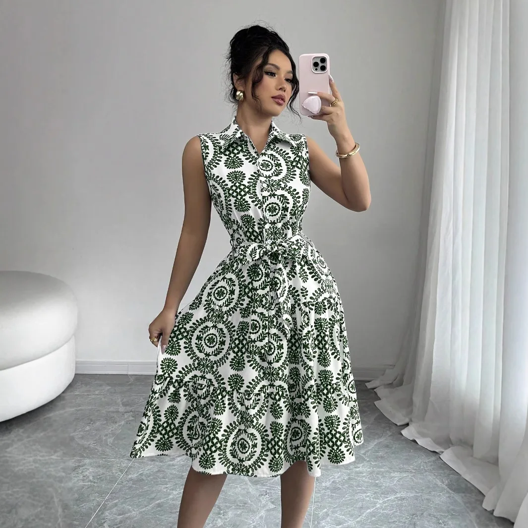 Moda impressa cintura coberta fora do ombro plissado vestido sem mangas feminino verão cinta lapela vestido para mulher 2025