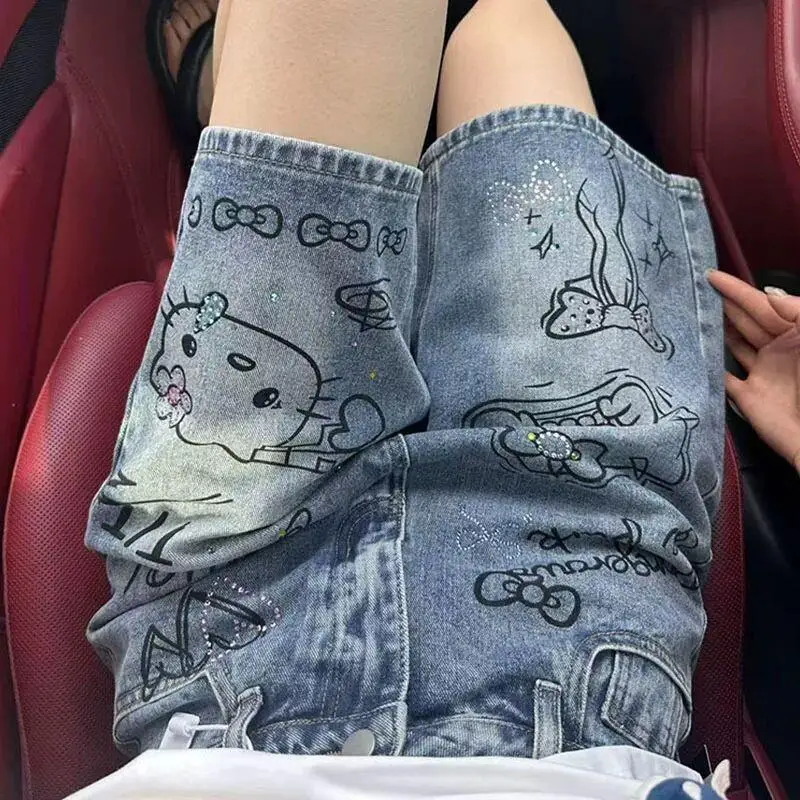 

Шорты Sanrios Hello Kittys, джинсовые женские летние шорты в американском винтажном стиле с принтом граффити и стразами, свободные прямые шорты, быстрая доставка