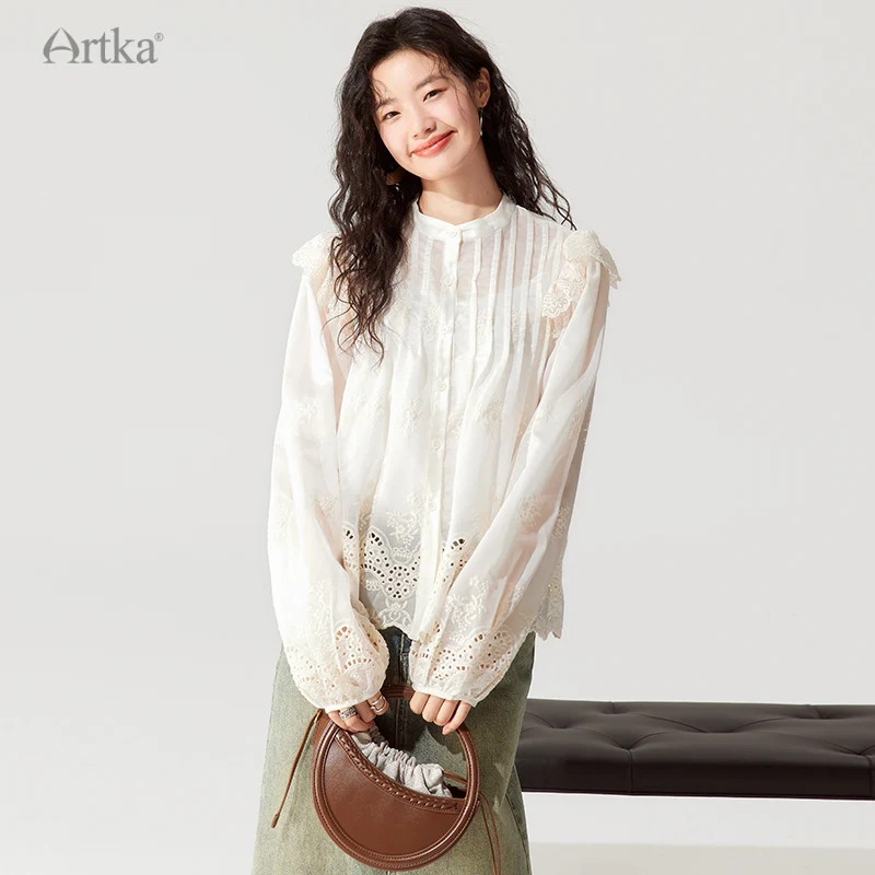 ARTKA 2023 Early Autumn New Women Blouse French Elegant Lace Embroidery O-Neck Shirt Hollow Out Long Sleeve White Shirt SA92332Q