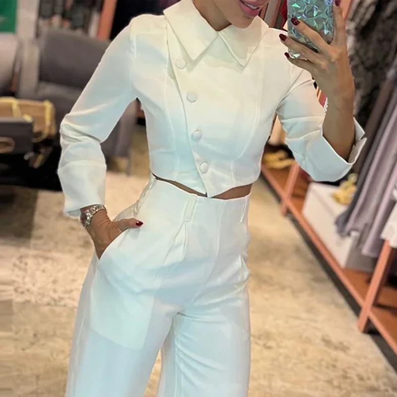 Wefads 2 Piece Set Women Casual Long Sleeve Lapel Irregular Button Design High Waist Top Loose Straight With Pockets Pants Sets