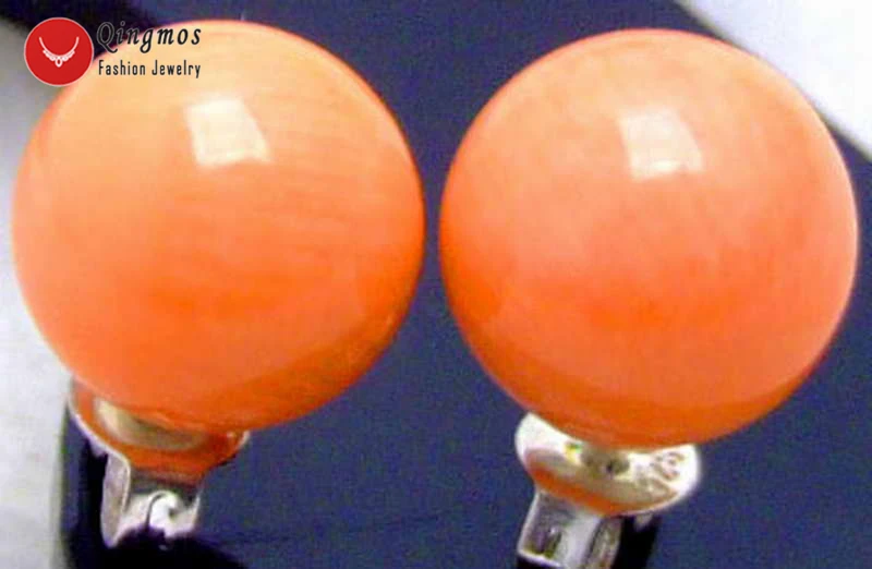 Qingmos Fashion 10mm Round Natural Pink Coral Earring for Women with Genuine Stone Jewelry Antique Silver Plated Stud Earring