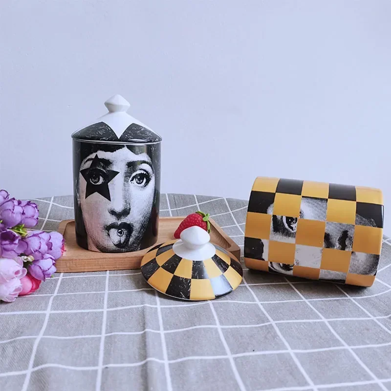 Creative Milan style Storage Tank with Lid Human Face Vintage Candle Holder Makeup Brush&pen Jar Ceramic Diy Desk Decoration