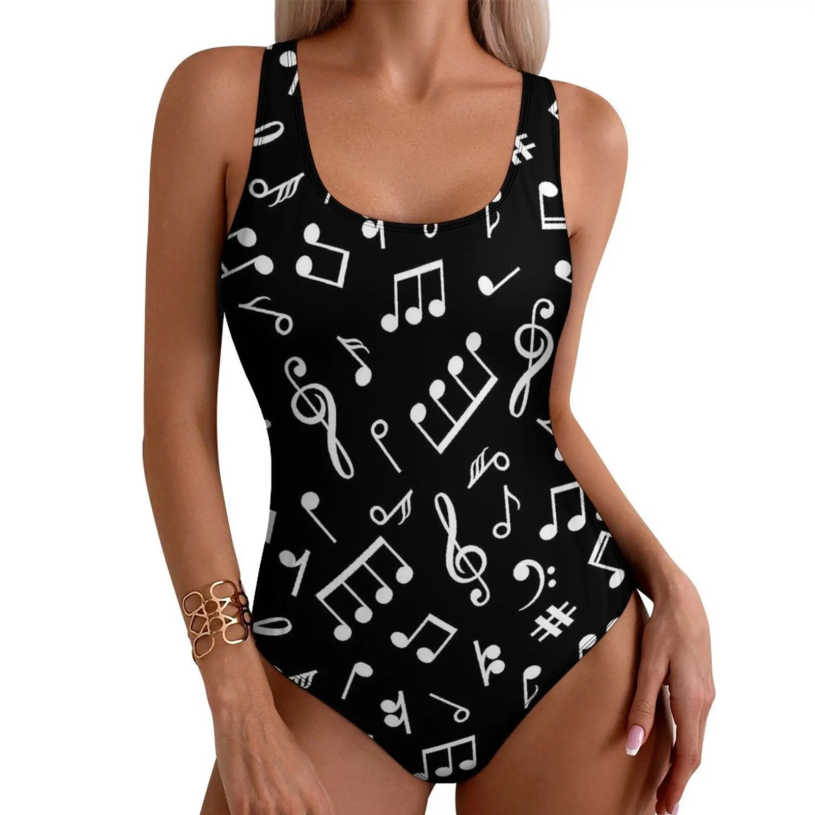 

Купальник с музыкальными нотами, черно-белый купальник, цельный купальник для фитнеса с графикой, Монокини с вырезами, женские пляжные наряды с эффектом пуш-ап