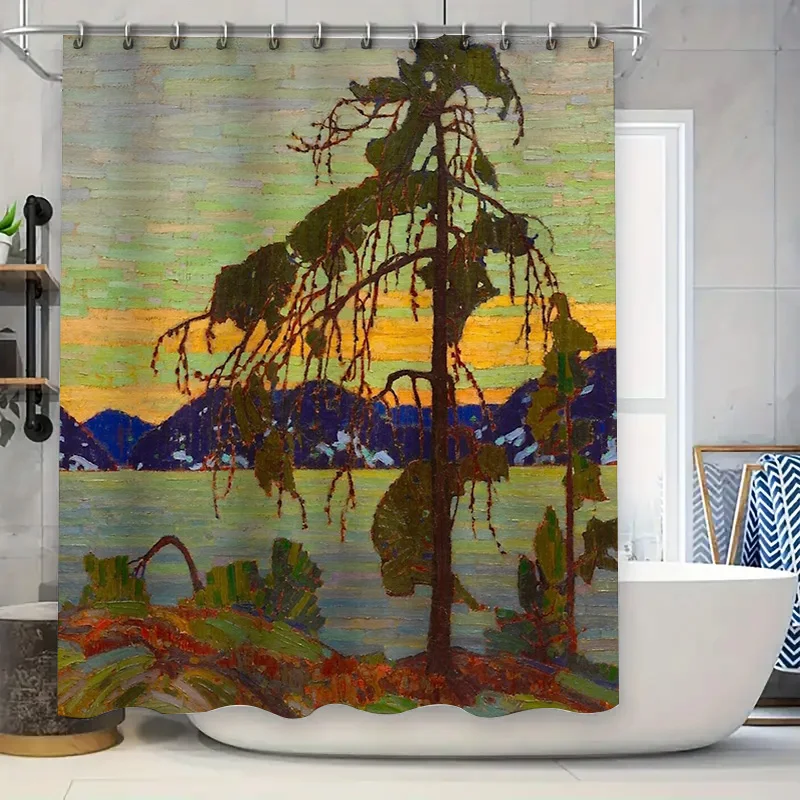 

Природный пейзаж, занавеска для душа, лесные деревья, живописный фон, декор для ванной комнаты, художественная зелень папоротника, настенный винтажный деревенский H