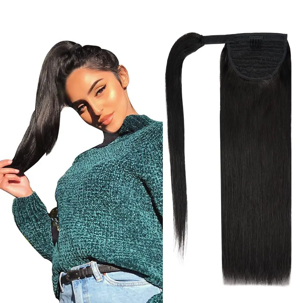 Straight Ponytail Human Hair Extensions 14-22 Inches Machine Made Magic Wrap Around Clip In Ponytail Human Hair Extensions 1B#