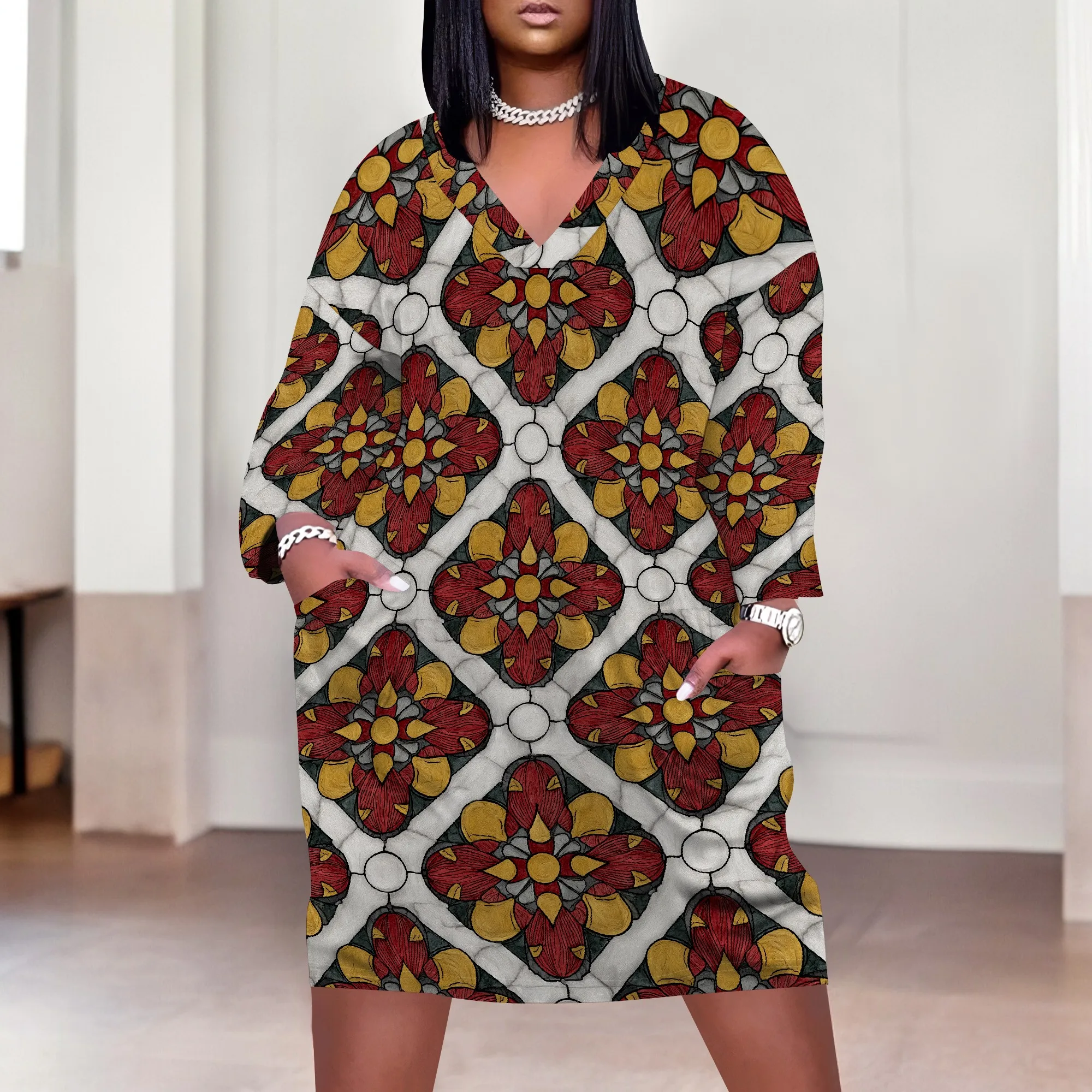 

Plus Size Women's Floral Pattern Dress, XL-6XL, V-Neck Short Sleeve for Casual & Fall Outings – 2025 New Arrival