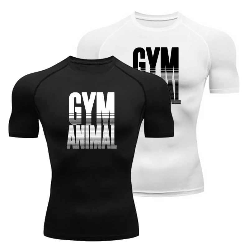 Running T-shirts Men GYM ANIMAL Compression Shirt Quick Dry Short Sleeve Sport Tops Tees Elastic Bodybuilding Fitness Sportswear