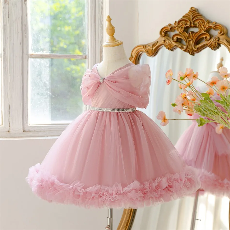 Girls Pink Bow Tulle Princess Dress Kids Wedding Flower Girl Dress Rhinestone Birthday Pageant Gown Formal Photo Shoot ASQ03