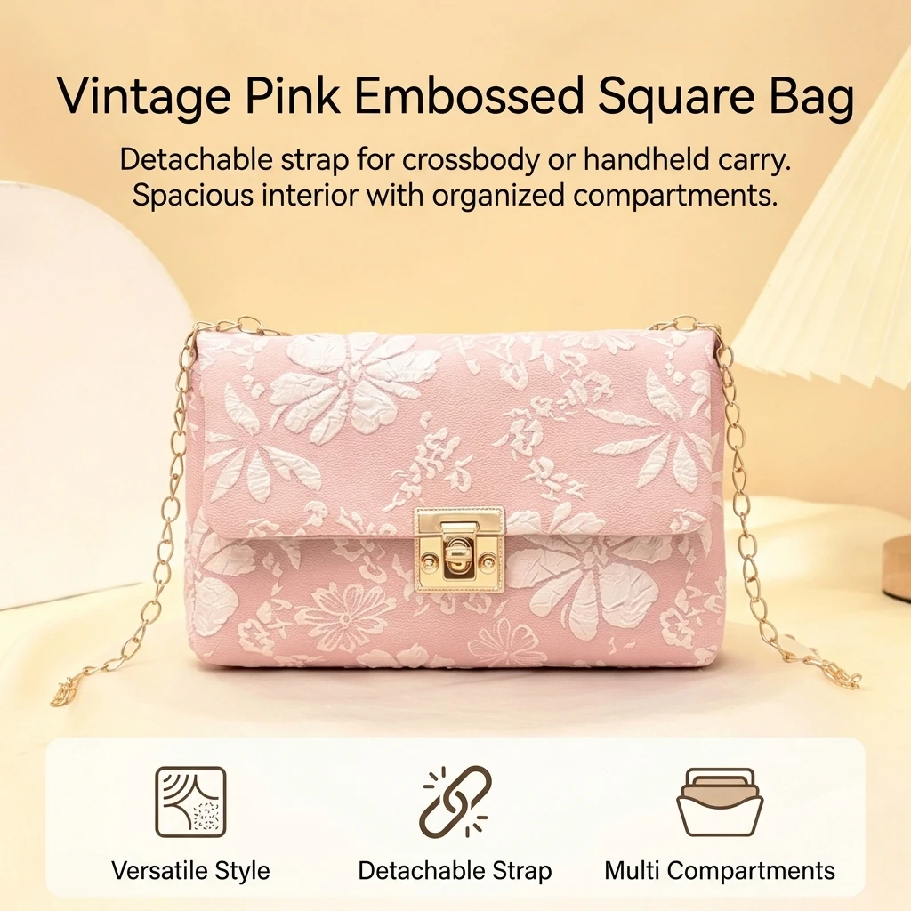 One Piece Small Square Bag Elegant Embossed PU Leather Handbag for Women Vintage Crossbody Purse Daily Commute Stylish