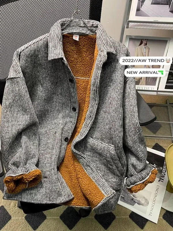 

Мужская осенне-зимняя шерстяная куртка на подкладке Thiened Fce, повседневная уличная одежда свободного покроя, теплый открытый кардиган, хлопковое пальто