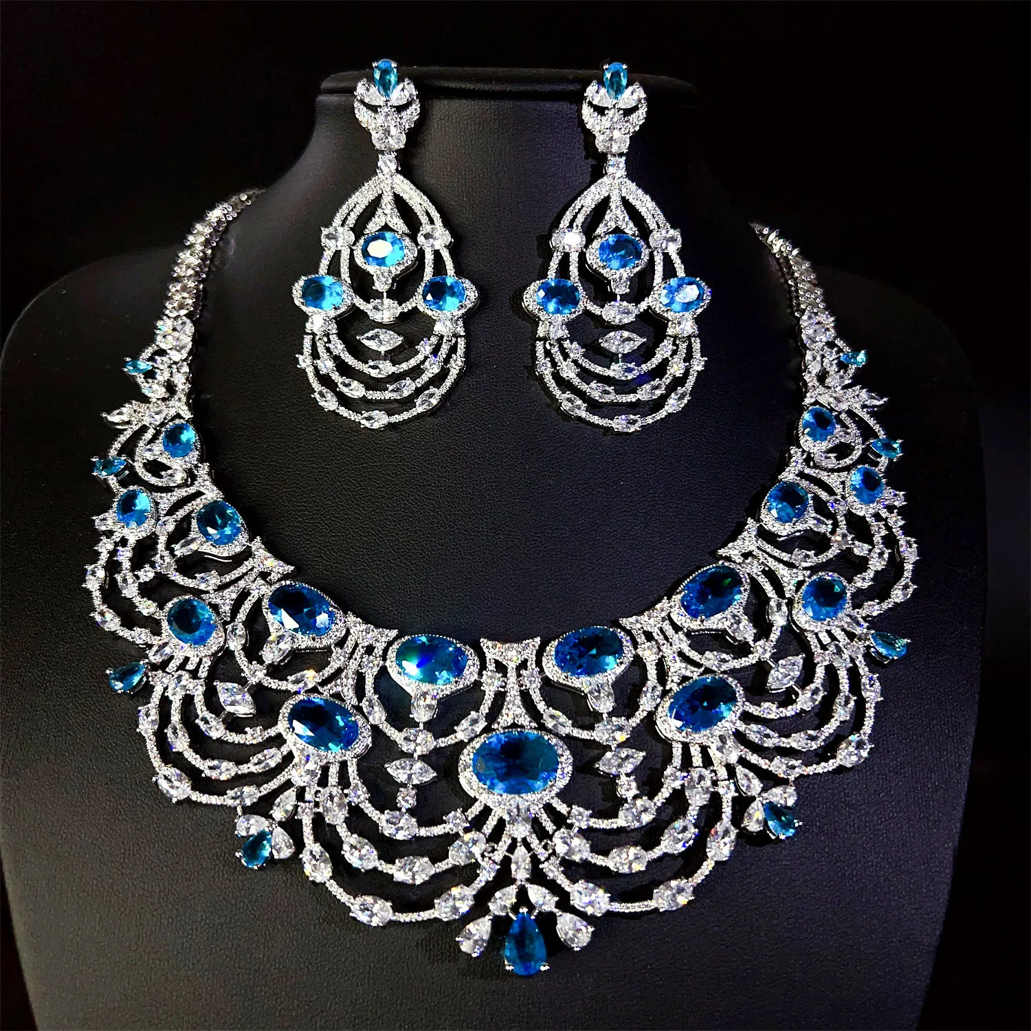 

2025 New Noble Popping Blue Jewelry Set Necklace Earrings Stunning Nigerian Women Wedding Holiday Gift Prom Travel M-764