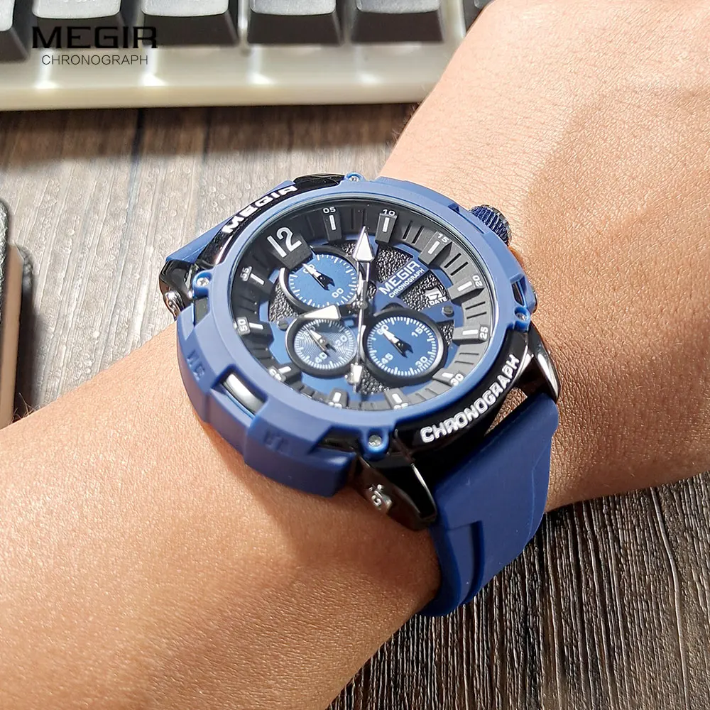 MEGIR Men Watches with Navy Blue Silicone Strap Fashion Military Sport Chronograph Quartz Waterproof Wristwatch Luminous Hands