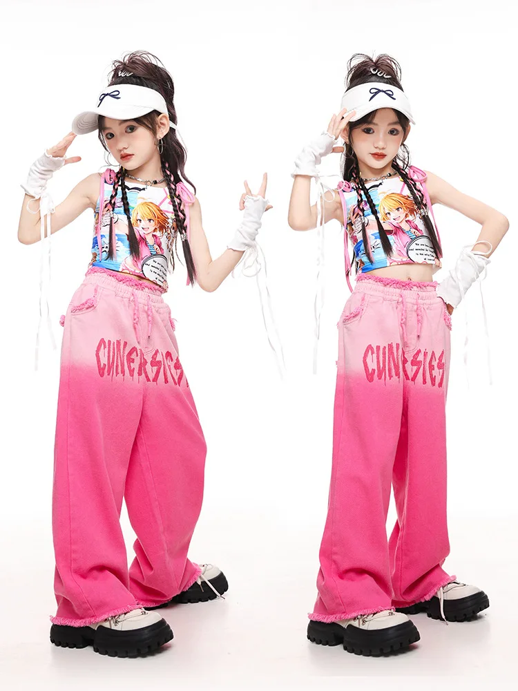 Abbigliamento hip-hop Kpop carino per bambini Canotta corta in pizzo con stampa bianca Pantaloni con orlo grezzo sfumato rosa per abiti da ballo di strada per ragazza