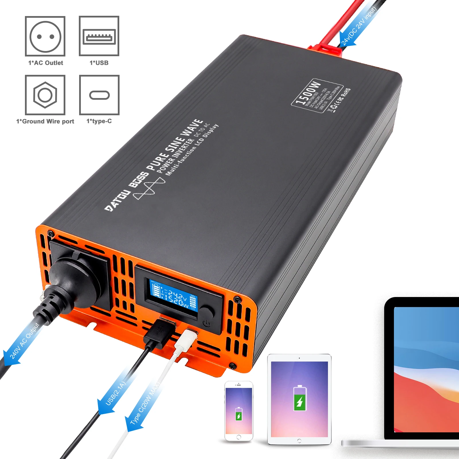 DATOUBoss Inverter Converter 12v 220v 24V 50HZ 1500W DC to AC Voltage Converter Power Supply EU Socket EU Delivery