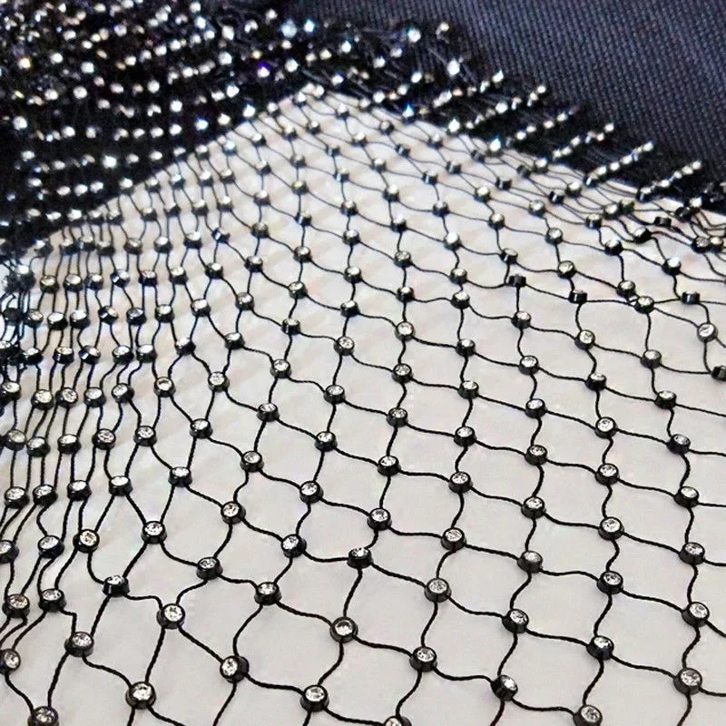 

1Yard Fishing Net Line Rhinestone Connection Fabric INS Hot Design 25/37 Row Stretchable Mesh Crystal Decoration Fabrics for DIY