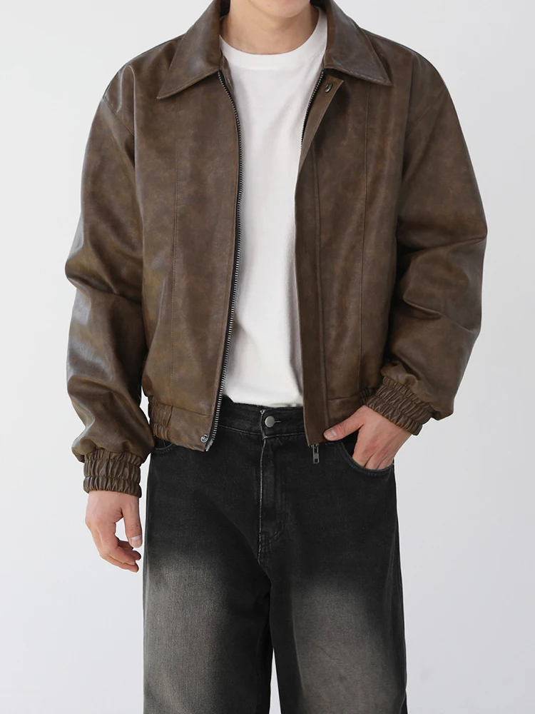 

MRCYC Men's ort Biker Leather Jaet Loose Fit Turn-down Collar Spring Casual Sle PU Leather Zipper Closure Color