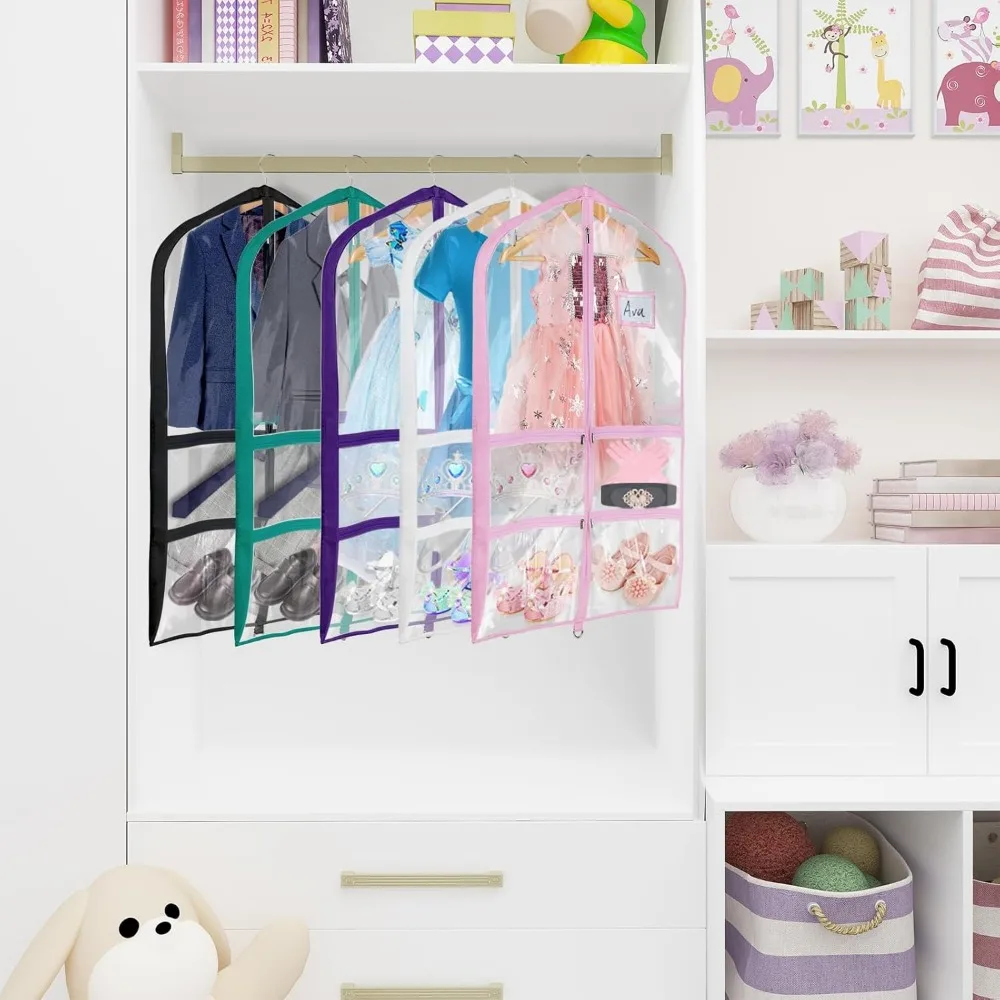 حقيبة ملابس تنكرية للرقص من مادة PVC الشفافة مقاس 40 بوصة حقيبة ملابس معلقة للرقص للأطفال، مع 4 جيوب متوسطة شفافة بسحاب أ