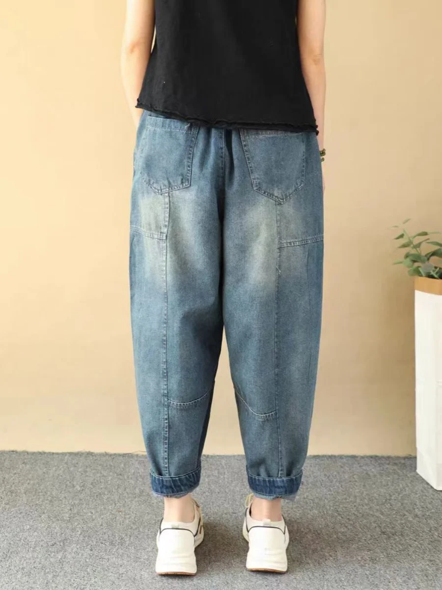 Jeans da donna semplici patchwork retrò primavera estate larghi taglie forti dimagranti pantaloni Harlan casual a nove punti pantaloni da papà