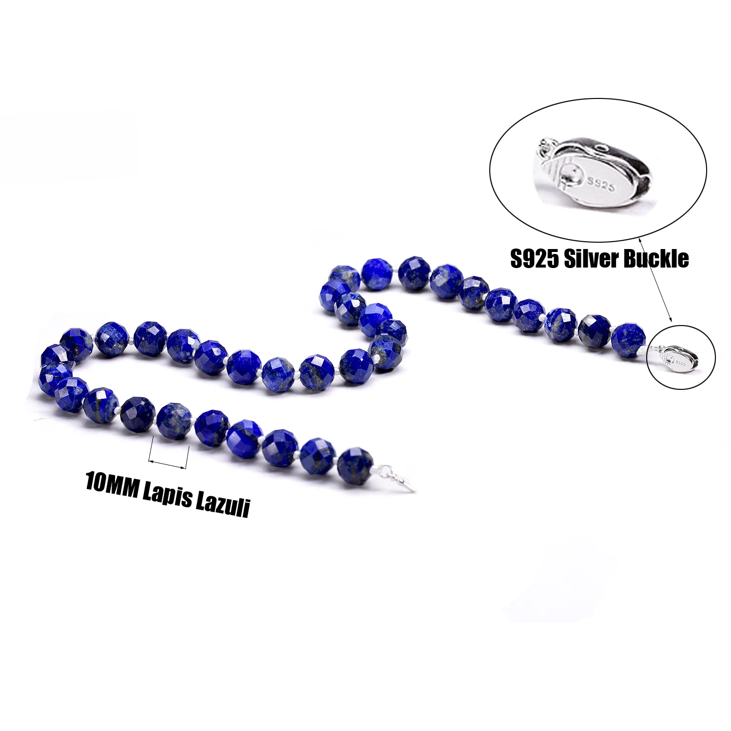 10MM High Quality Natural Faceted Lapis Lazuli Beads Necklace for Women Men Silver 925 Buckle Chokers Jewelry Female Hand Knotte