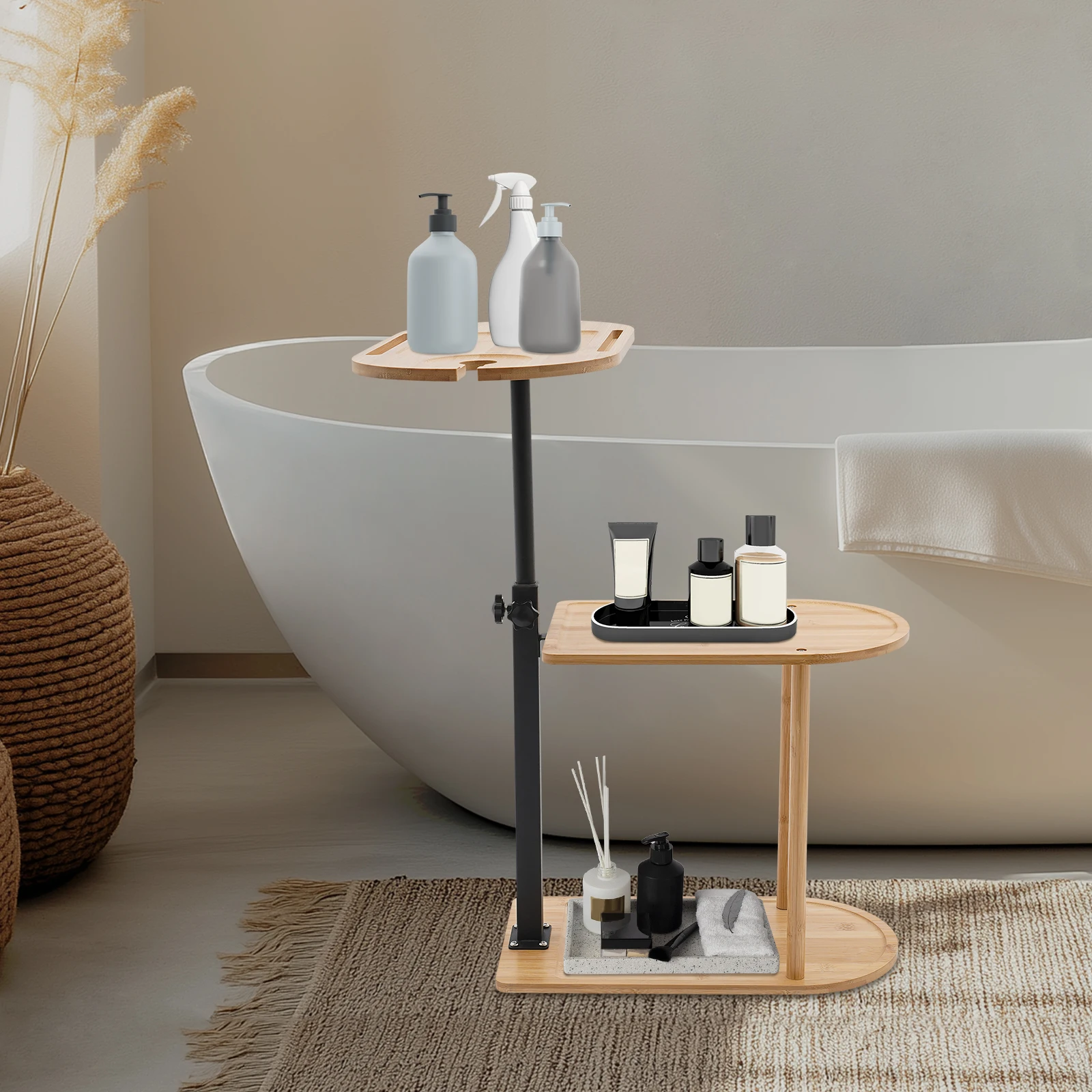 3 Tiers Bamboo Bath Side Table Bathtub Tray Table Bathrooms Trays Desk Swivel Adjustable 42-81.8cm