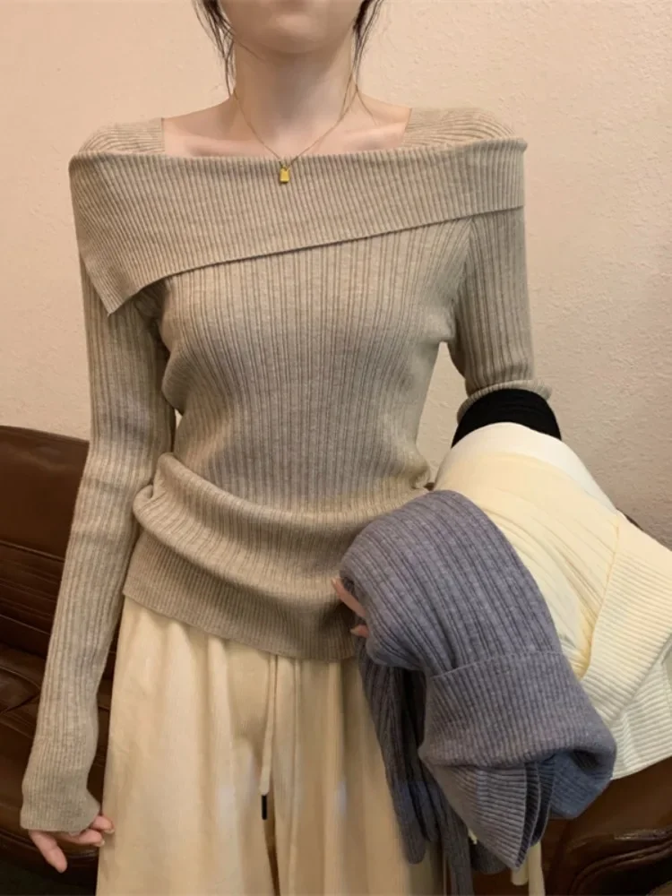 

off-Shoulder Knit Women clothes Autumn Base Long sleeve Inner wear Top Design Temperament Slim fit Slimming Pullover ZT328