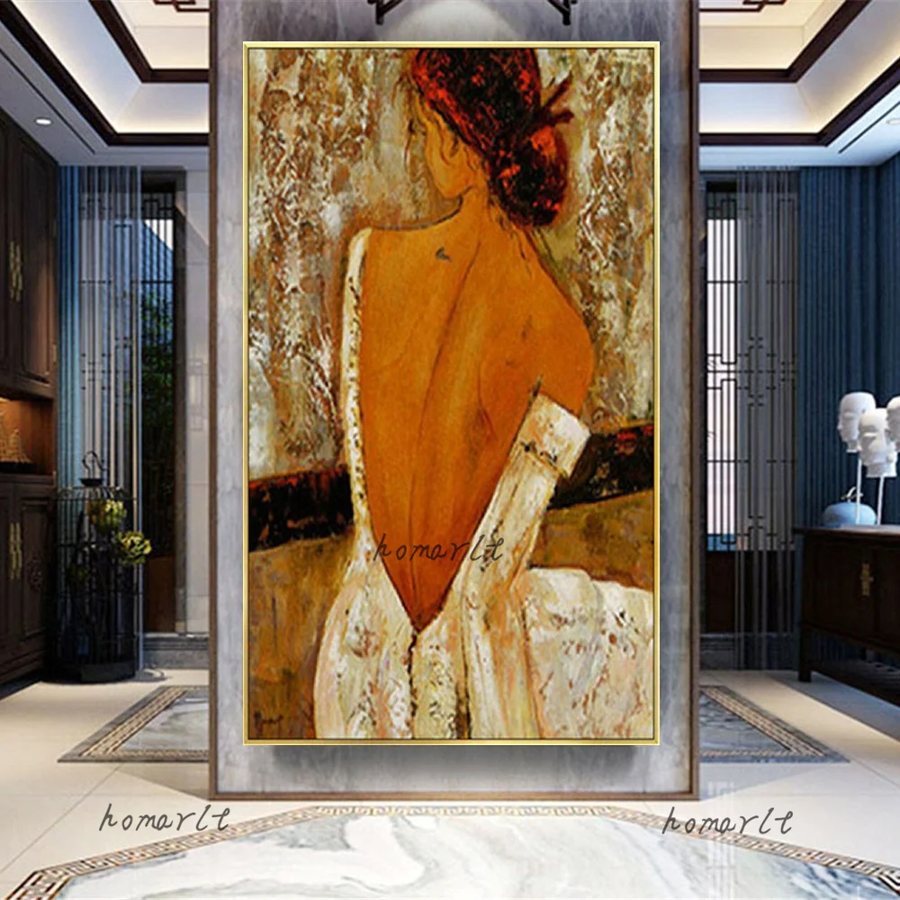 Brown Retro Beautiful Girl Oil Painting Wall Mural Sex Women Back Naked Dressing for Bedroom Bar Decor view 3