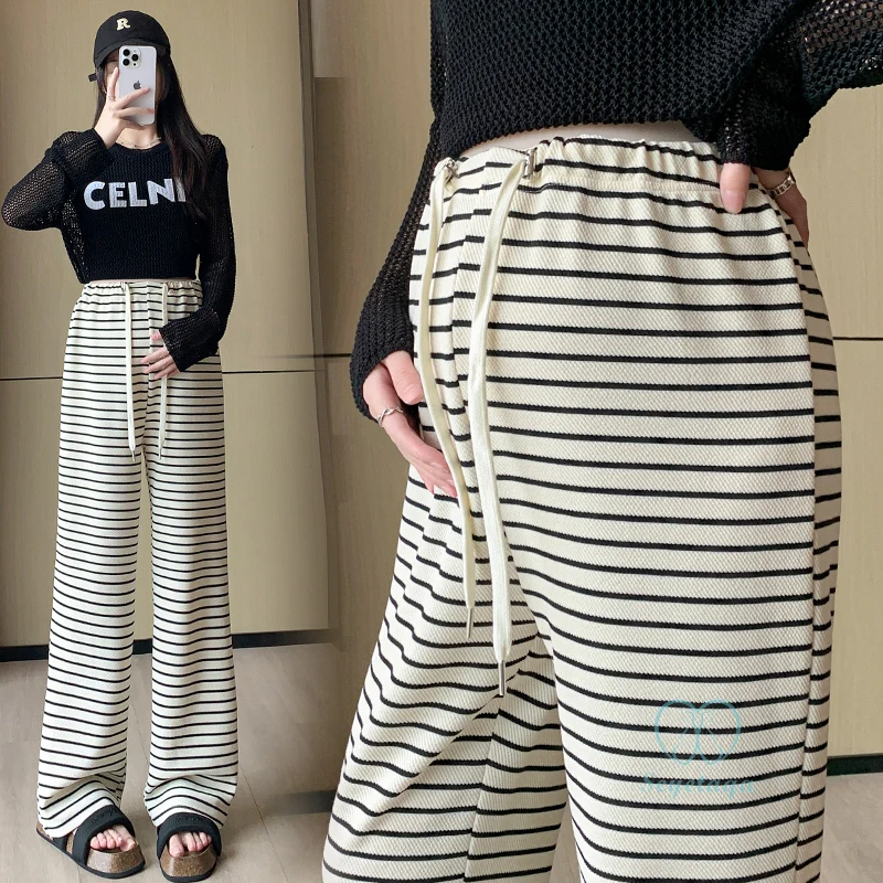 

Drawstring High Waist Maternity Pants Striped Knitted Loose Straight Clothes for Pregnant Women Spring Pregnancy After Delivery