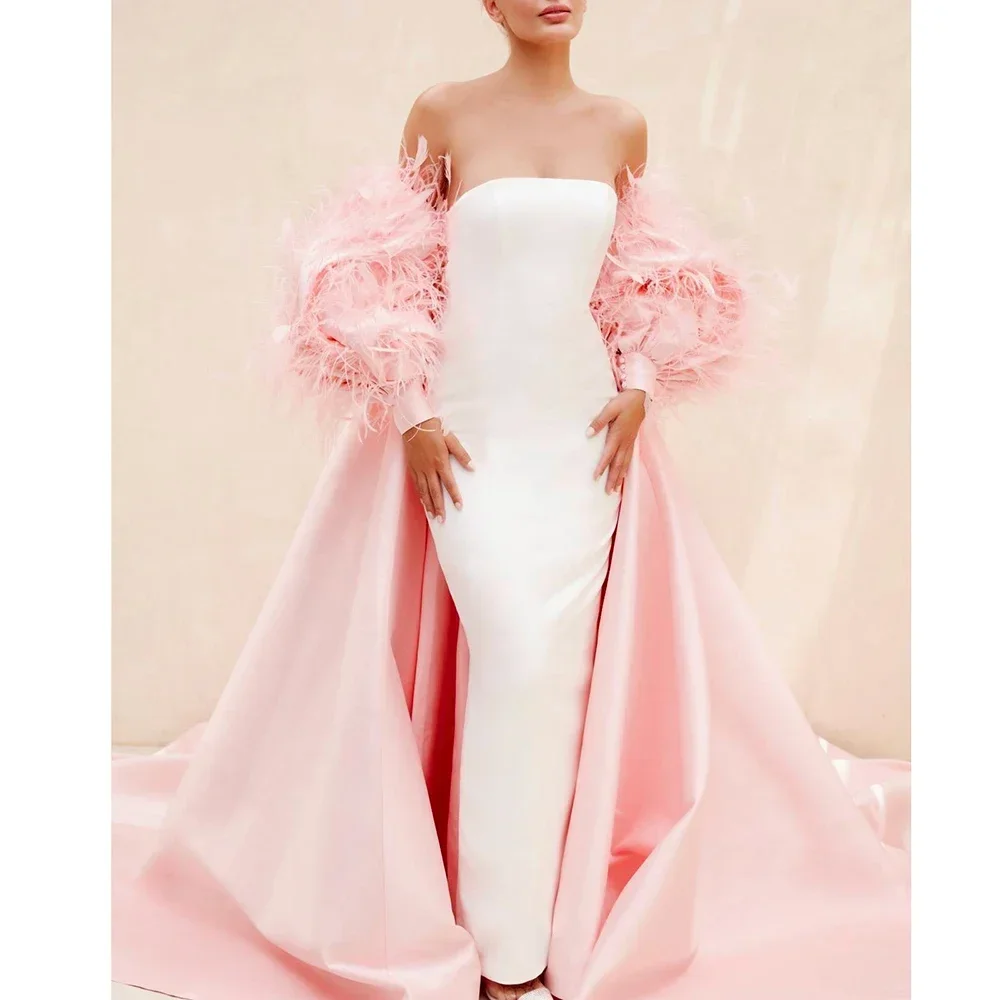 

Formal Evening Dress with Tassel Feathers Fashion Strapless Puff Sleeves Sweep Train Party Gowns Floor Length Elegant Prom Dress