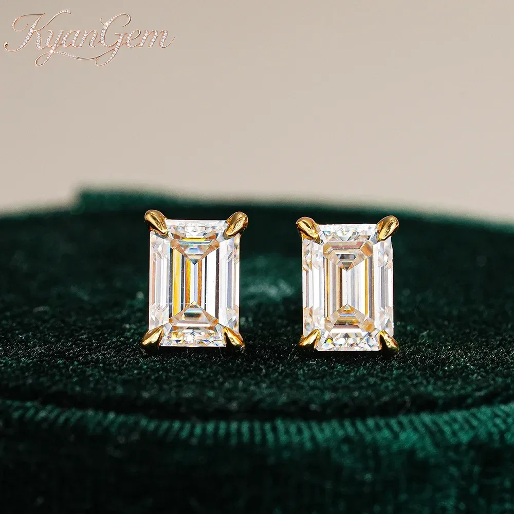 KyanGem Luxury-inspired 18K Gold Stud Earrings Minimalist Emerald-cut Rectangular Total 2 Carat Moissanite Diamond Earrings